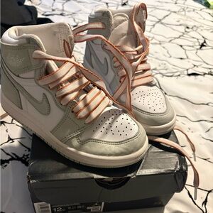 Jordan Kids Shoes White and Light Green with Orange Laces